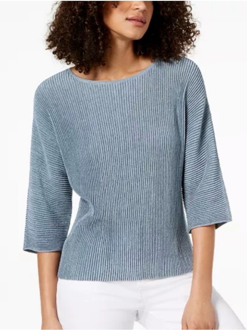 EILEEN FISHER Petite Metallic Hemp Blend Rib Knit Top Blue 3/4 Sleeve‎ PS